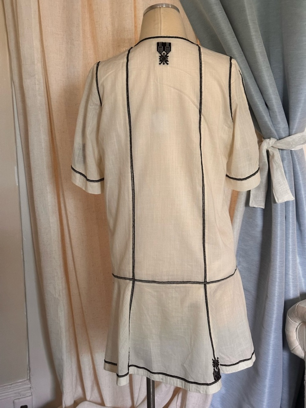 Isabel Marant Etoile Relly Cream Embroidered Drop-Waist Tunic Dress W/Black Trim - Picture 3 of 8